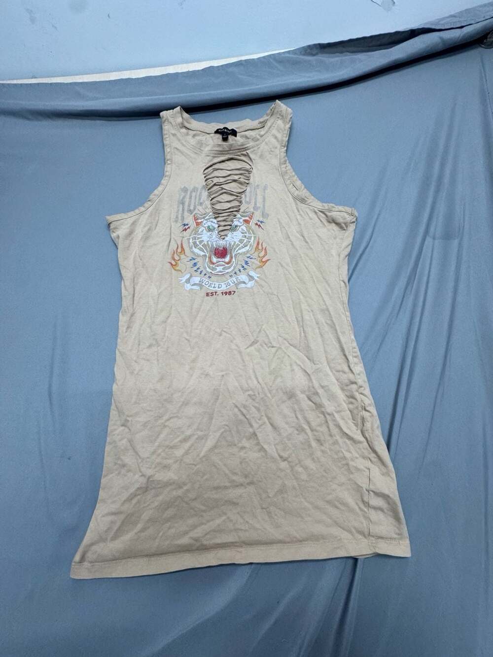 Ruby & Lace Tank Top Size L Beige Tiger Rock N Roll Graphic Cut Out